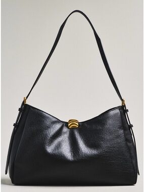 Anthropologie Foldover Slouchy Buckle Shoulder Bag Faux Leather Black NWT